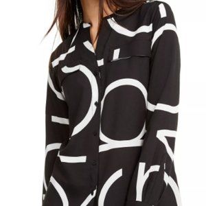 Calvin Klein Long Sleeve Logo Button Front Blouse Black and White, Womens 1X